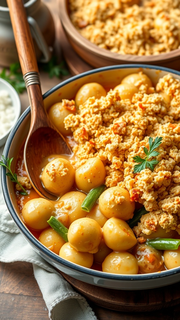 Creamy baked gnocchi with breadcrumbs and parsley in a rustic kitchen setting.